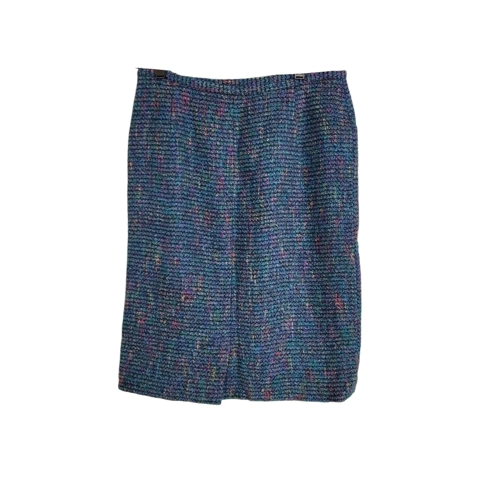 Jaeger Designer Vintage Teal & Rainbow Colored Tweed Wool Blend Pencil Skirt